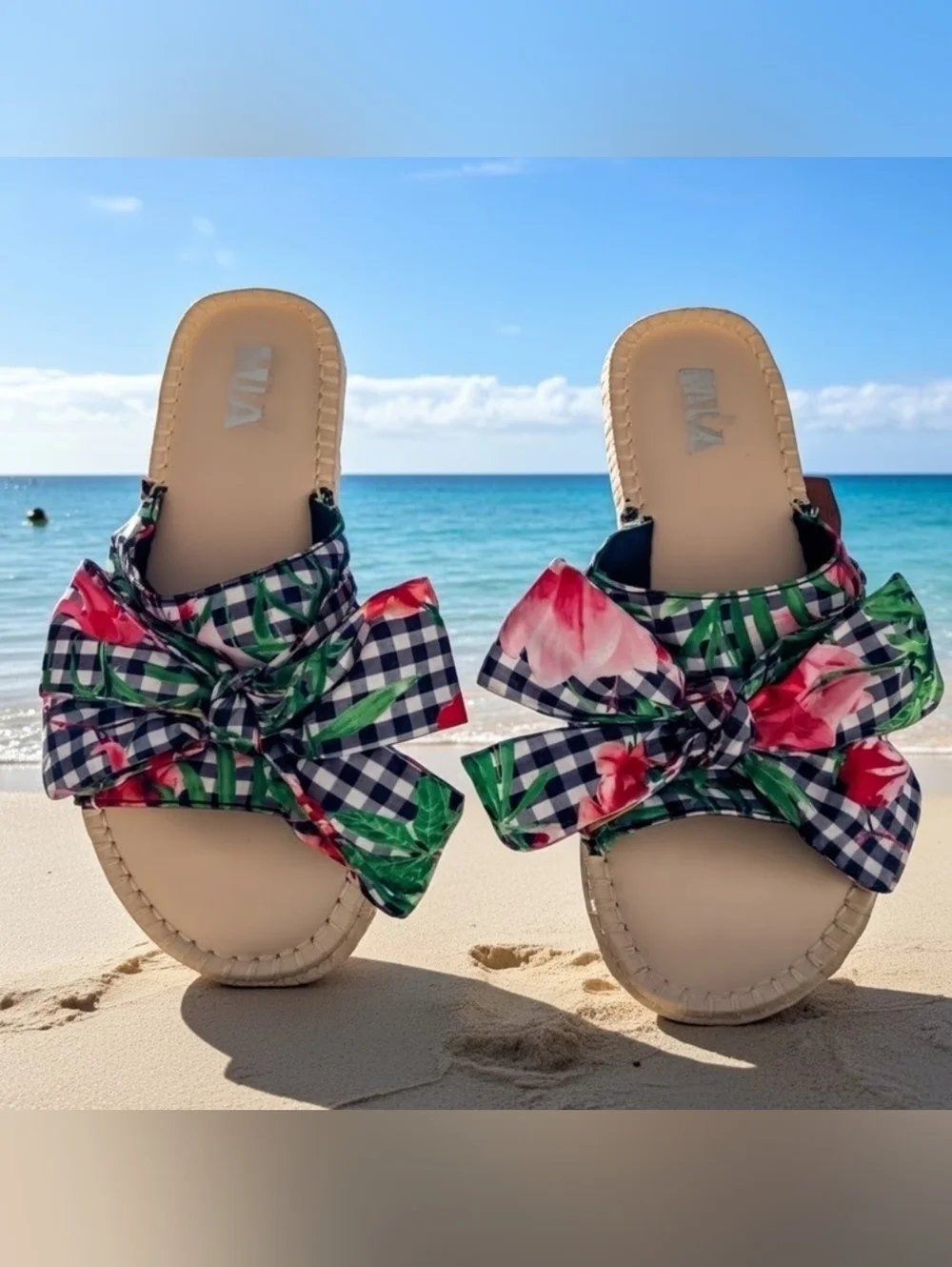 MIA Brenda Floral Gingham Checkered Floral Bow Slide-in Espadrilles Size 8